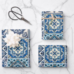 Mittelmeer-Fliesen, Portugal, Azulejo, Majolica Geschenkpapier Set
