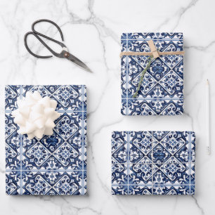 Mittelmeer-Fliesen, Portugal, Azulejo, Majolica Geschenkpapier Set
