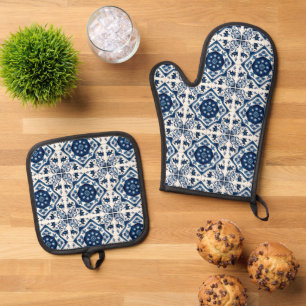 Mittelmeer-Fliesen, Portugal, Azulejo, Majolica Ofenhandschuh & Topflappen-Set