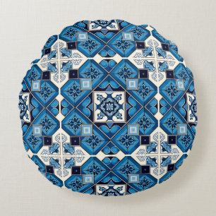 Mittelmeer-Fliesen, Portugal, Azulejo, Majolica Rundes Kissen