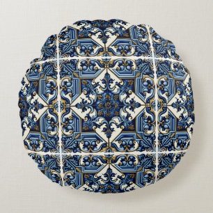 Mittelmeer-Fliesen, Portugal, Azulejo, Majolica Rundes Kissen