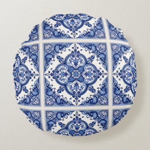 Mittelmeer-Fliesen, Portugal, Azulejo, Majolica Rundes Kissen