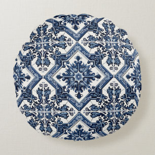 Mittelmeer-Fliesen, Portugal, Azulejo, Majolica Rundes Kissen