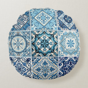 Mittelmeer-Fliesen, Portugal, Azulejo, Majolica Rundes Kissen