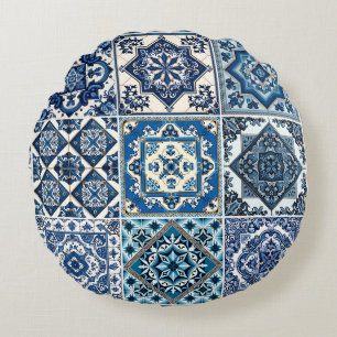 Mittelmeer-Fliesen, Portugal, Azulejo, Majolica Rundes Kissen