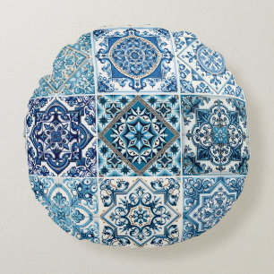 Mittelmeer-Fliesen, Portugal, Azulejo, Majolica Rundes Kissen