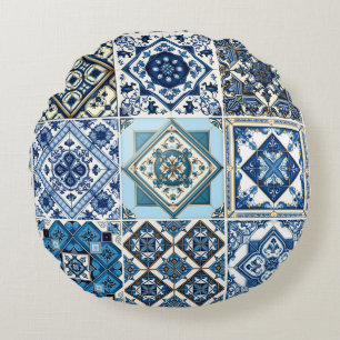 Mittelmeer-Fliesen, Portugal, Azulejo, Majolica Rundes Kissen