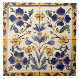 Mittelmeer Gelb & Navy Blau Blumen Floral Fliese