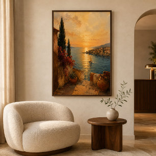 Mittelmeer-Golden-Sunset-Küstenlandschaftskunst  Poster
