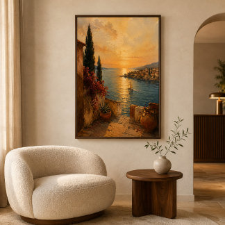 Mittelmeer-Golden-Sunset-Küstenlandschaftskunst Poster