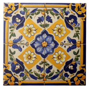 Mittelmeer-Italienisch Gelb & Navy-Blume Blumenflo Fliese