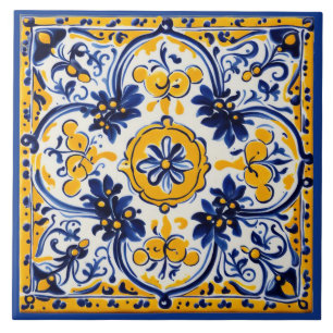 Mittelmeer-Italienisch Gelb & Navy-Blumen-Blumenmu Fliese
