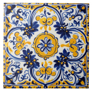Mittelmeer-Italienisch Gelb & Navy-Blumen-Blumenmu Fliese