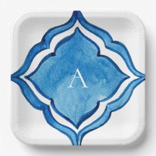 Mittelmeer-Kobaltblaue Fliesen-Monogramm Pappteller