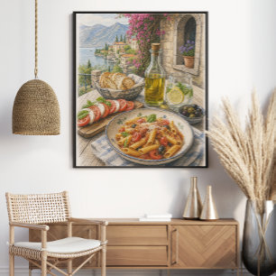 Mittelmeer-Küsten-Pasta-Fest Buntstift Poster