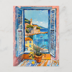 Mittelmeer-Küstenblick durch offenes Fenster Postkarte