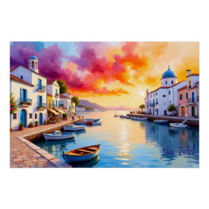 Mittelmeer-Küstenort bei Sonnenuntergang Poster