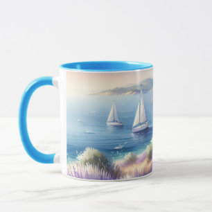 Mittelmeer-Lavendelküste mit Segelbooten Tasse