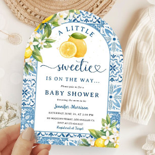 Mittelmeer-Limonen-Baby Shower Blaue Fliesen Gebog Einladung