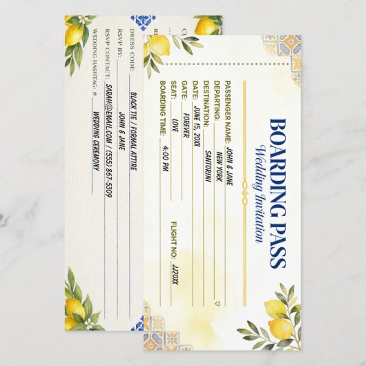 Mittelmeer-Limonen-Boarding-Pass-Hochzeit Save The Date (Vorne/Hinten)