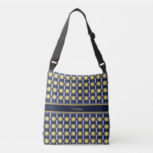 Mittelmeer-Look-Muster in Blau, Gold und Weiß Tragetaschen Mit Langen Trägern