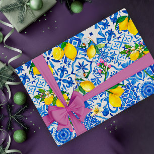 Mittelmeer-Majolika-Blau Sizilianische Zitrusfrüch Geschenkpapier