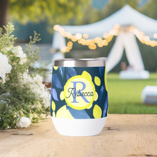 Mittelmeer-Monogramm-Name Chic Lemons Blaues Blatt (Hochzeit)