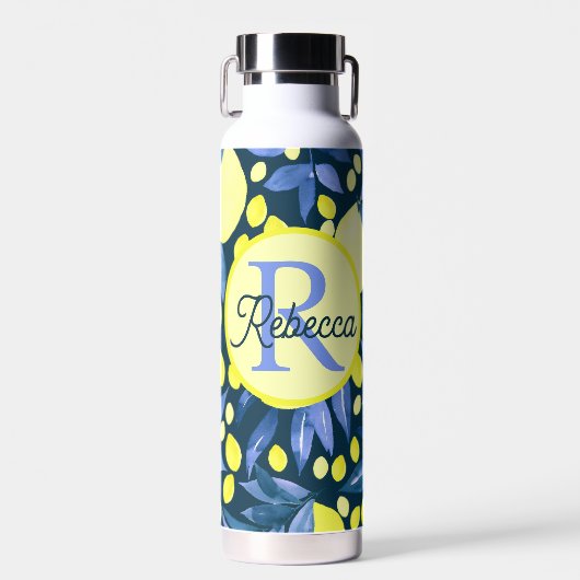 Mittelmeer-Monogramm-Name Chic Lemons Blaues Blatt Trinkflasche (Vorne)