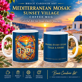 Mittelmeer-Mosaik-Sonnenuntergang-Dorf-Kaffee Kaffeetasse