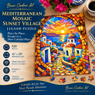 Mittelmeer-Mosaik-Sonnenuntergang-Dorf Kaffee Puzzle