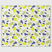 Mittelmeer Navy Blue Yellow Lemons Muster Geschenkpapier (Flach)