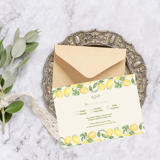 Mittelmeer-Oliven-Limonen Moderne Hochzeit RSVP Karte
