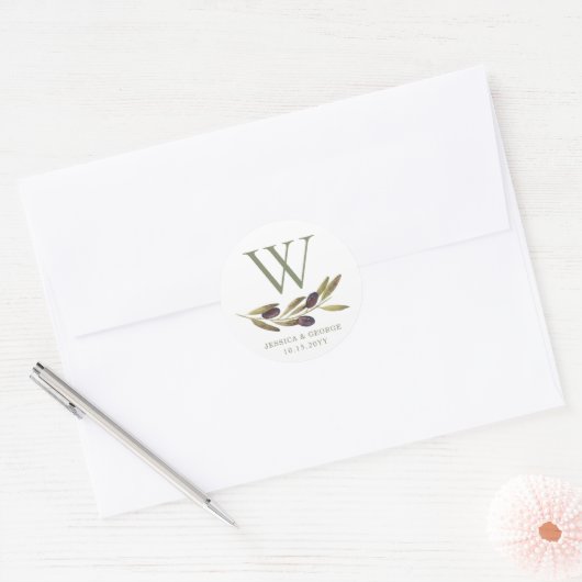 Mittelmeer-Olivenzweig-Monogramm Runder Aufkleber (Umschlag)