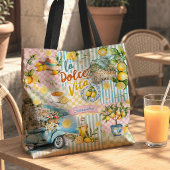Mittelmeer-Rosa Türkis-Zitrus-Collage Tasche