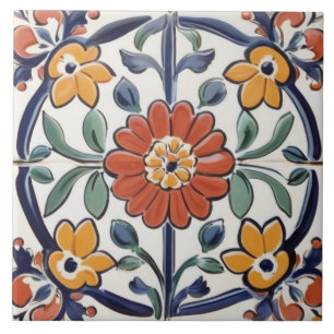 Mittelmeer-Rot-Gelb- und Marineblau-Blume-Blumenmu Fliese