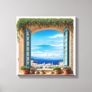 Mittelmeer-Seeblick-Fenster Ägäische Inselstadt Leinwanddruck