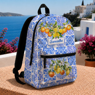 Mittelmeer Sizilianisch Blau Gelb Zitrus Azulejo Bedruckter Rucksack