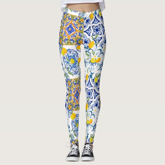 Mittelmeer,sizilianische Fliesen,Zitronen Leggings (Vorderseite)