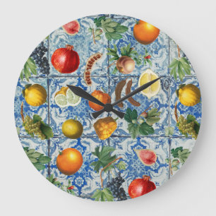 Mittelmeer-Sommerfrüchte & Blau-Weiß-Mosaik Große Wanduhr