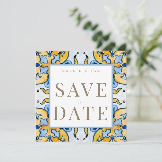 Mittelmeer-Tile-Hochzeit retten Datum Save The Date (Stehend Vorderseite)
