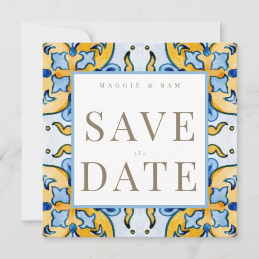 Mittelmeer-Tile-Hochzeit retten Datum Save The Date (Vorderseite)