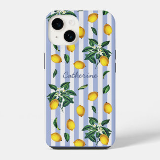 Mittelmeer Vintage Zitronen Blaue Streifen Name iPhone 14 Hülle