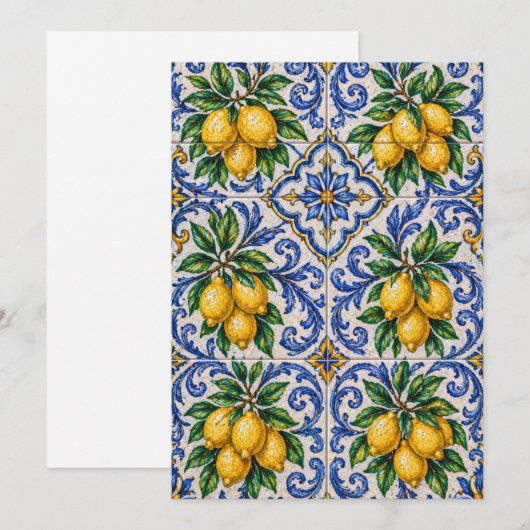 Mittelmeer-Zitronen-Azulejo-Fliese Einladung (Vorne/Hinten)