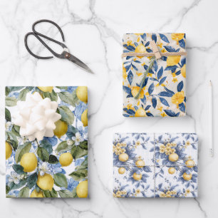 Mittelmeer-Zitronen-Botanisches-Zitrus-Muster Geschenkpapier Set