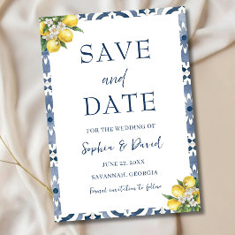 Mittelmeer-Zitronenblaue Fliesen-Hochzeit-Speicher Save The Date