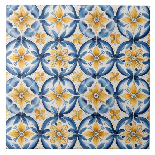 Mittelmeerblau und gelbe Blumenelemente Fliese (Vorderseite)