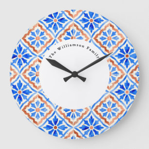 Mittelmeerblaue Azulejo-Fliese Personalisierter Na Große Wanduhr