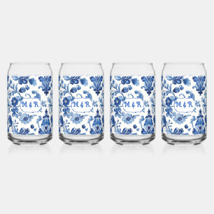 Mittelmeerblaue Blumenfliesen-Monogramm Dosenglas