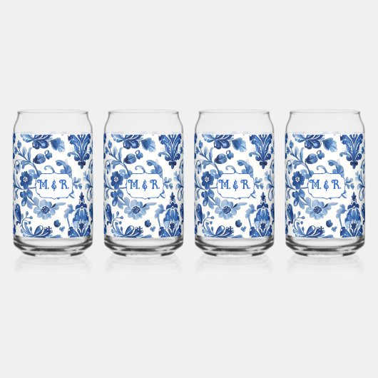 Mittelmeerblaue Blumenfliesen-Monogramm Dosenglas (Vorderseite)