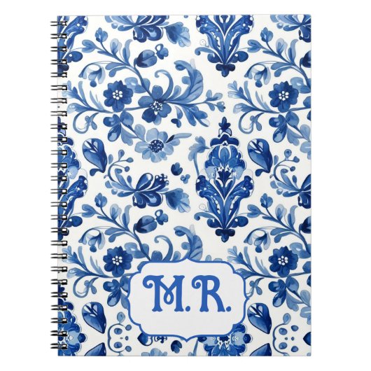 Mittelmeerblaue Blumenfliesen-Monogramm Notizblock (Vorderseite)